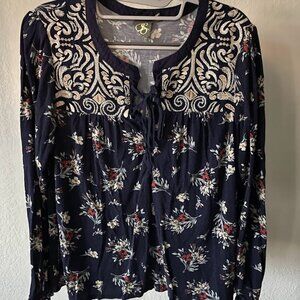 Anthropologie Peasant Top Sz M Blue Boho With Laced Neck